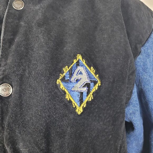 VTG Arizona Jean Company Jacket Kids 14 16 Black Suede Varsity Color Block 90s - Picture 5 of 9